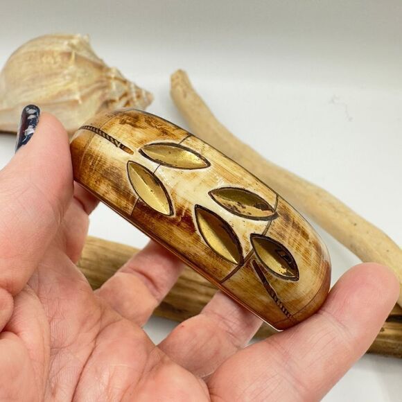 Vintage Brass & Bone Bangle Bracelet - Picture 5 of 6